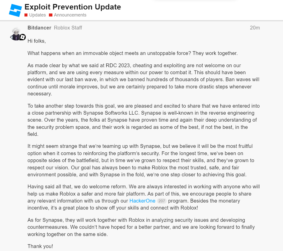 EventHunters - Roblox News on X: Earlier today a Roblox team member posted  that Roblox has partnered with Synapse to analyze security issues and  develop countermeasures. Synapse, previously known as one of